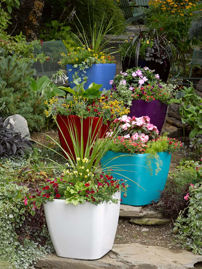 einGarten mit bunten Töpfen