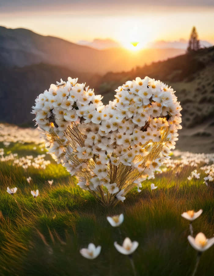 heart shaped flowers,sunlight,nature scenery,white flowers,romantic scene,flower field,sunset,peaceful,aesthetic image,flower arrangement