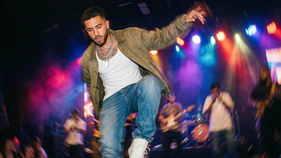 Maluma dancing with motion blur and colorful stage lights.