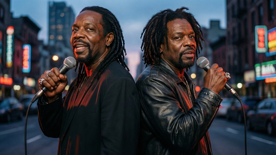 Chuck D and Flavor Flav back to back in city at dusk