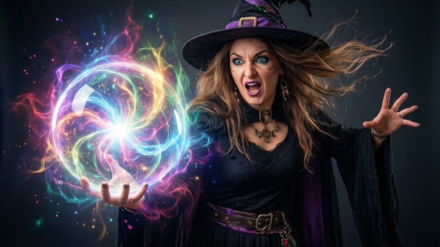 A witch casting a spell with a glowing orb, dynamic action, colorful energy.