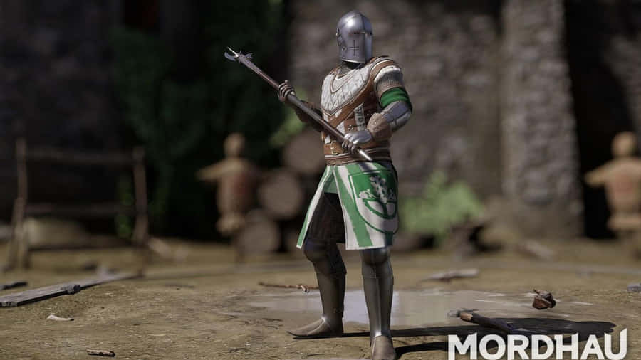 1440pMordhau Sværdkæmper, der svinger flail i baggrunden