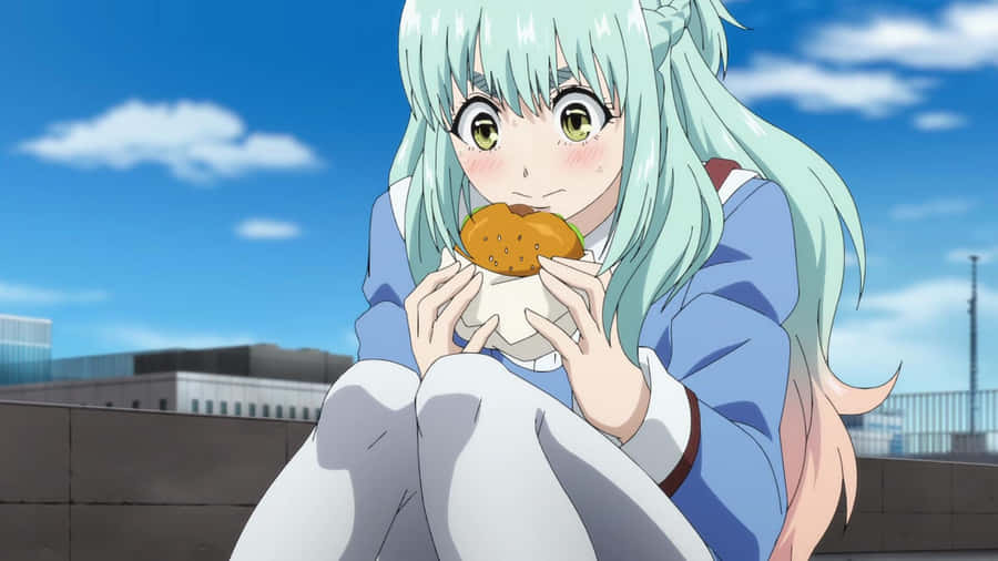Ragazza Anime che Mangia un Hamburger all'Aperto