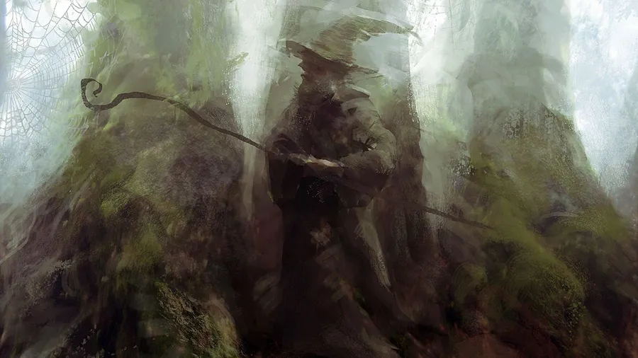 A lone wizard stands atop a hill, bathed in a mysterious light.