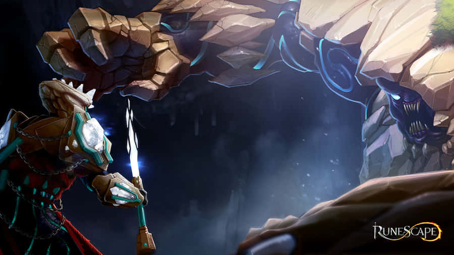 Umhomem está segurando uma espada na frente de um monstro gigante.