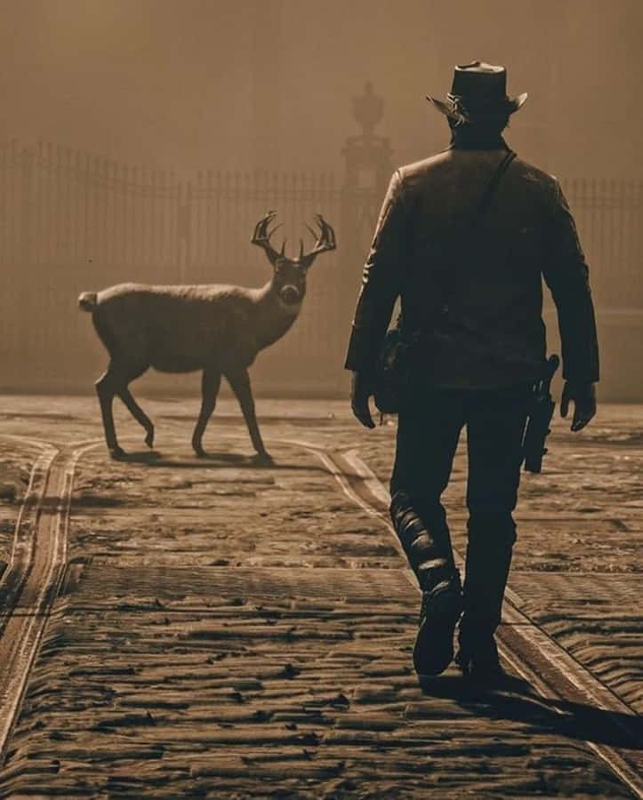 Pixel3xl Red Dead Redemption 2 Hintergrund Cowboy, der einem Hirsch gegenübersteht