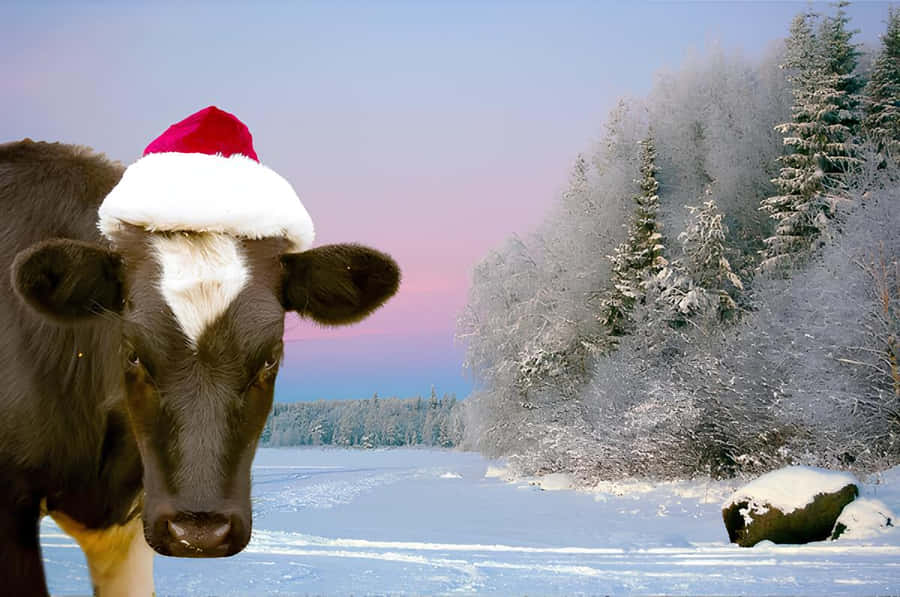 Cena de Inverno Festiva com Vaca e Chapéu de Papai Noel