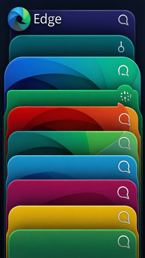 Stack of colorful browser tabs with Edge logo on top left.