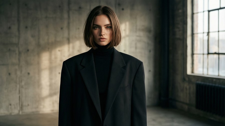 High-fashion editorial portrait of a girl in blazer and turtleneck, industrial loft