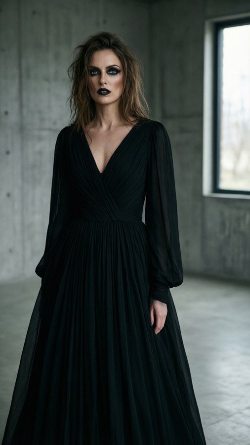 High-fashion portrait of Katherine Barrell in a black gown.