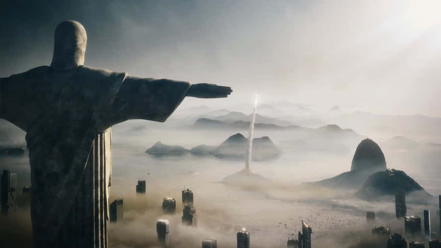 Unastatua di Cristo è in piedi nella nebbia.
