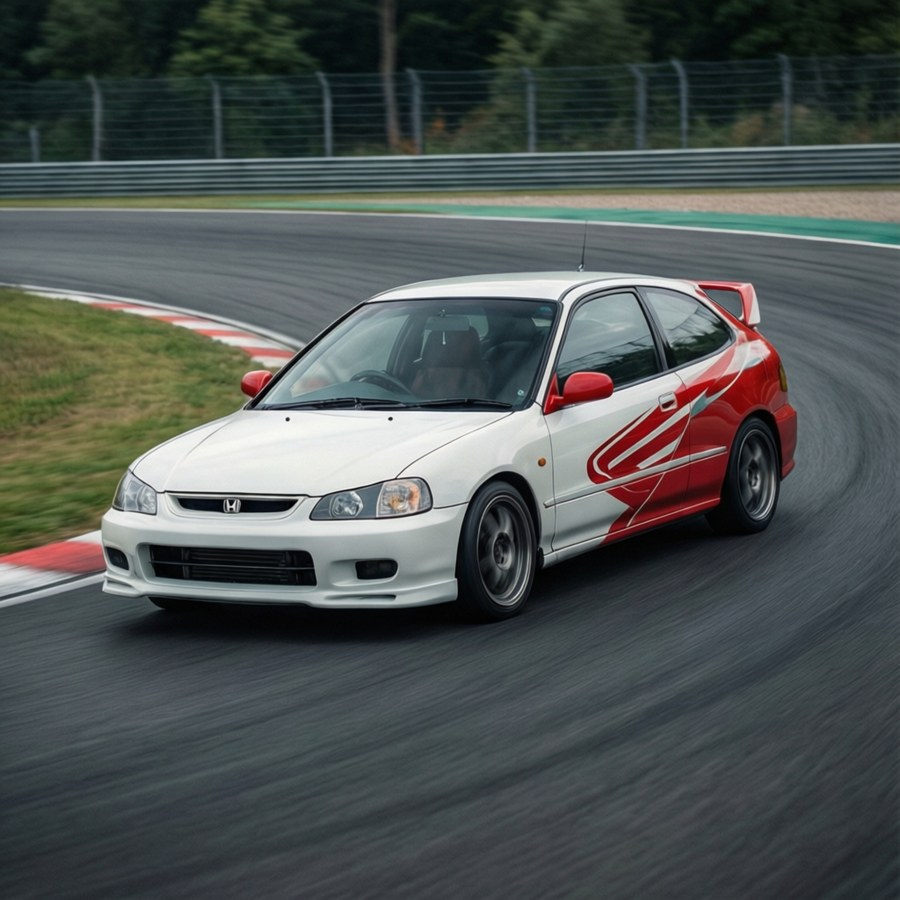 Honda Civic Type R EK9 racing on a track with high-speed cornering
