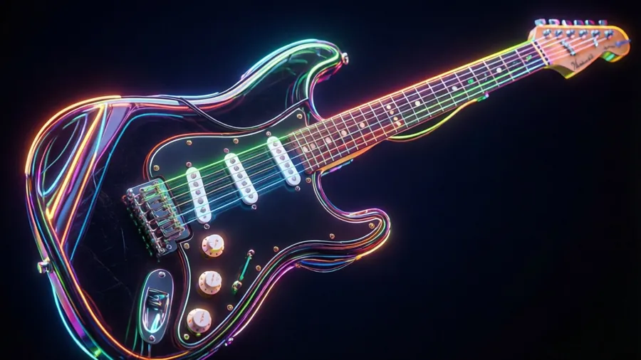 A neon-outlined electric guitar on a dark background.