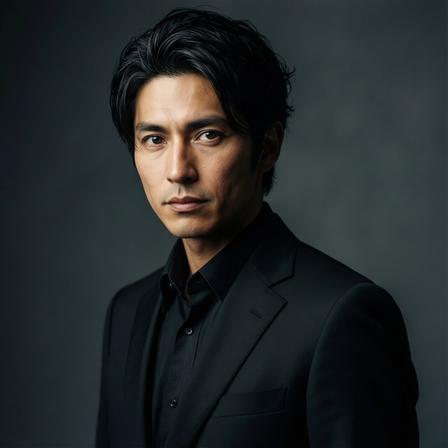 Portrait cinématographique en studio de Watanabe Haruto dans un costume noir avec un éclairage dramatique