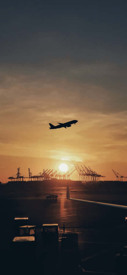 Silhueta de Avião ao Pôr do Sol no Aeroporto
