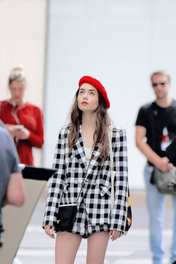 Lily Collins from Emily In Paris in red beret hat wallpaper.
