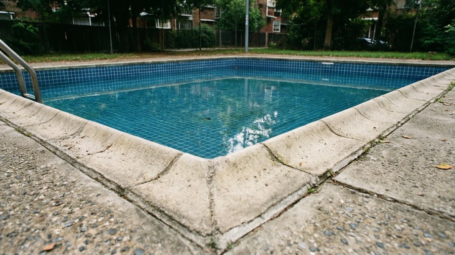 Band members standing in an empty swimming pool shot from low angle