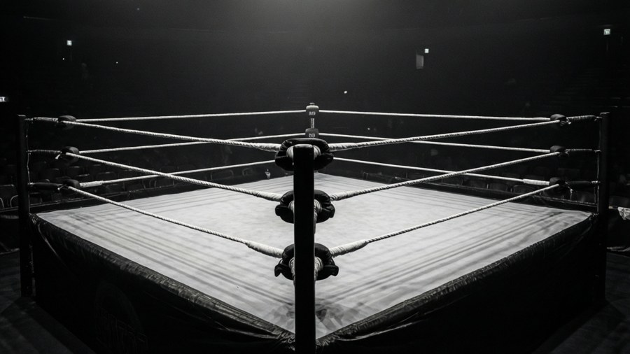 An empty wrestling ring viewed from above in moody black and white.