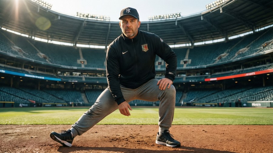 J.J. McCarthy stretching in an empty stadium.