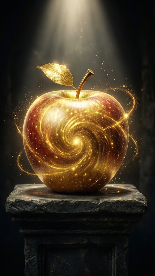 An enchanted golden apple glowing on a pedestal in dramatic light.