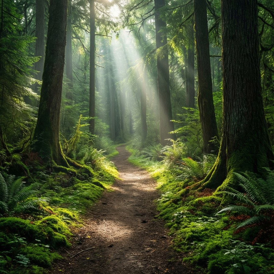 Una carta da parati forestale magica con un sentiero tortuoso, raggi di sole e vegetazione lussureggiante in un'atmosfera nebbiosa.