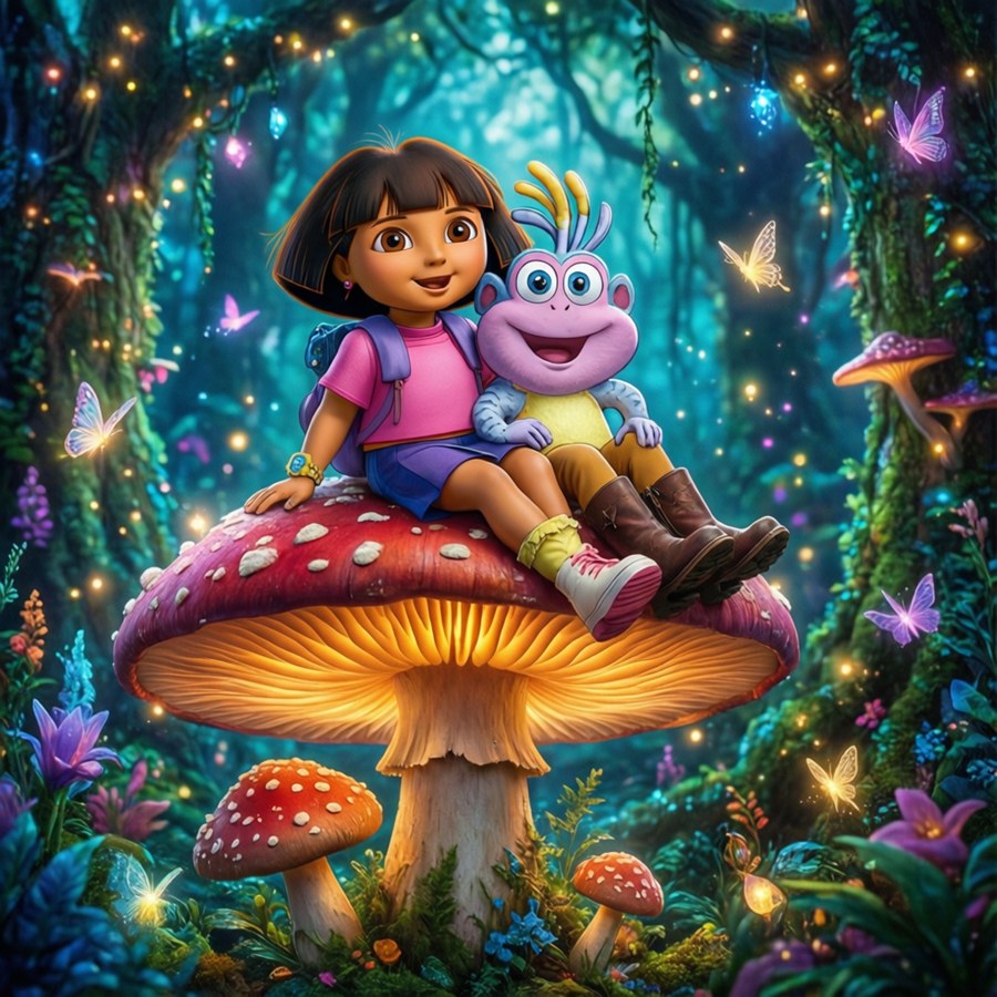 Dora and Boots take a break in a magical forest.