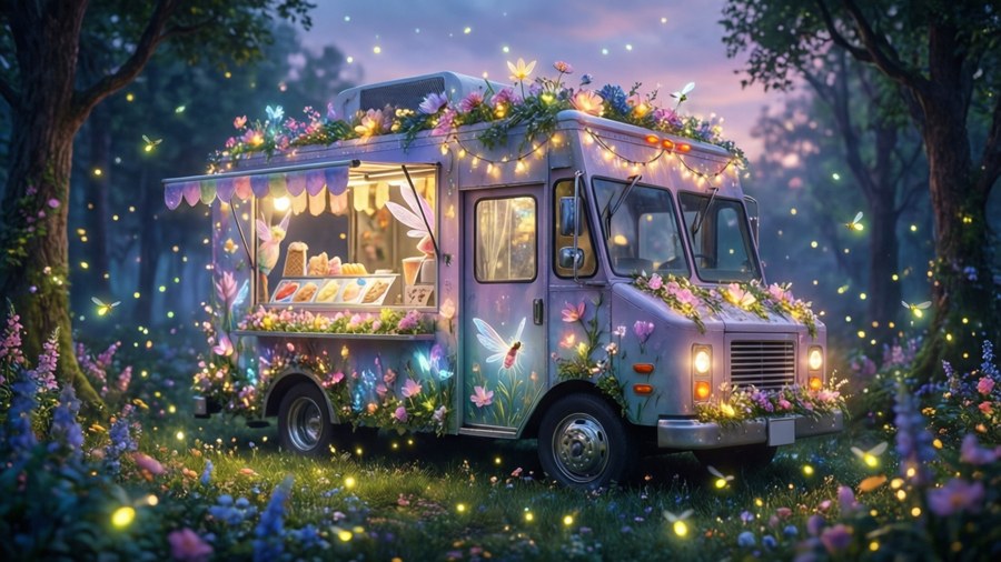 Truk es krim ajaib yang bersinar dengan lampu peri di hutan senja.