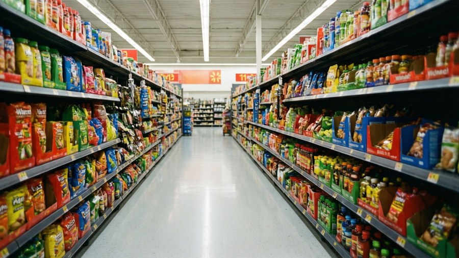Un plan en perspective profonde à l'intérieur d'une allée Walmart avec des produits colorés et des lumières fluorescentes.