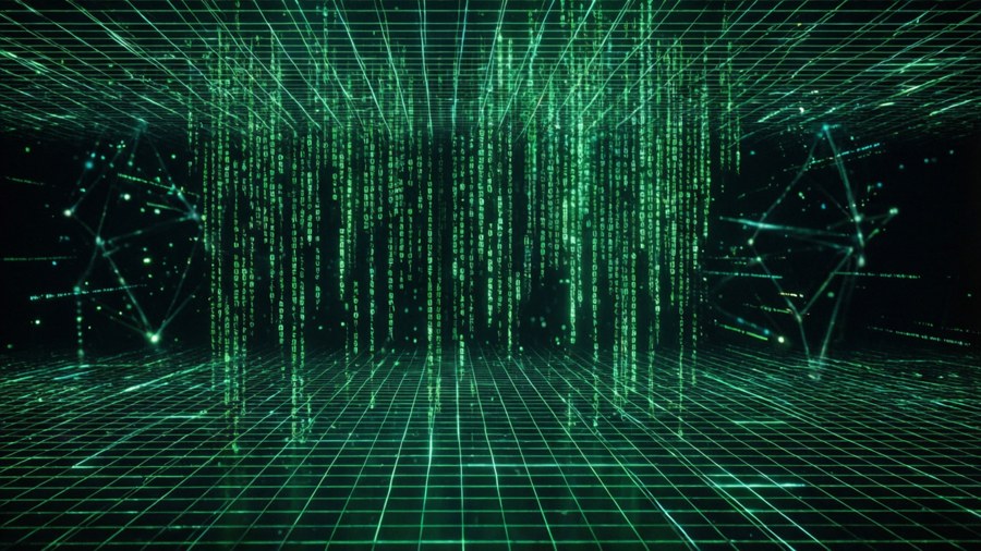 Gröna digitala kodströmmar faller över ett glödande rutgolv i en mörk cyberpunk-miljö.