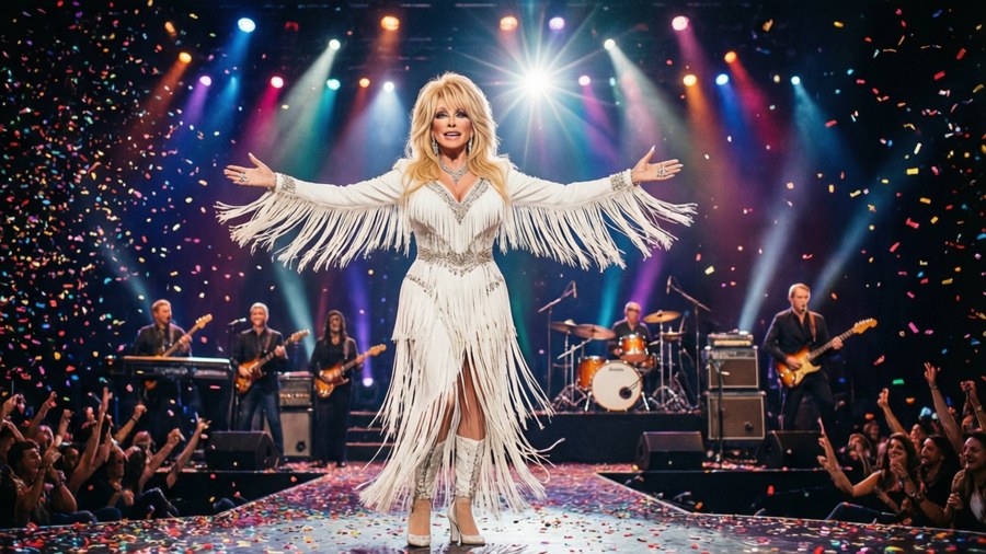 Dolly Parton en el escenario con confeti y banda