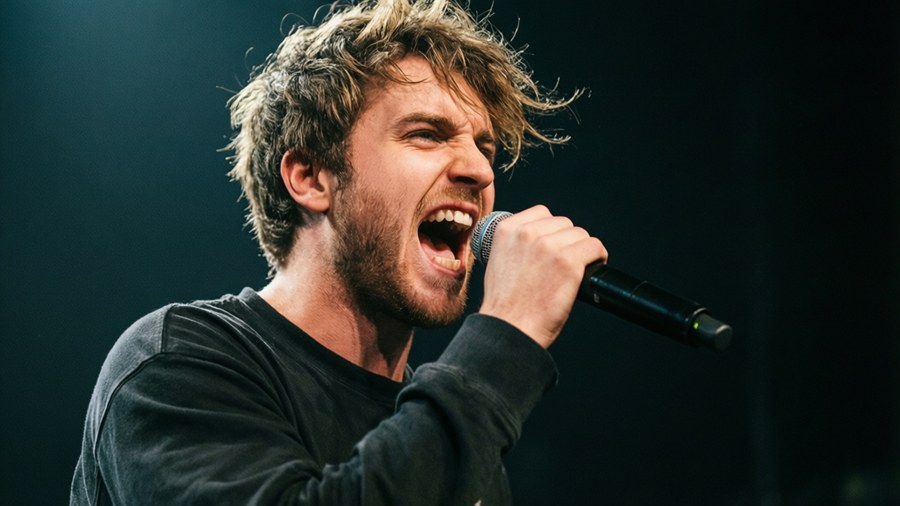 Logan Paul shouting into a microphone with dramatic lighting
