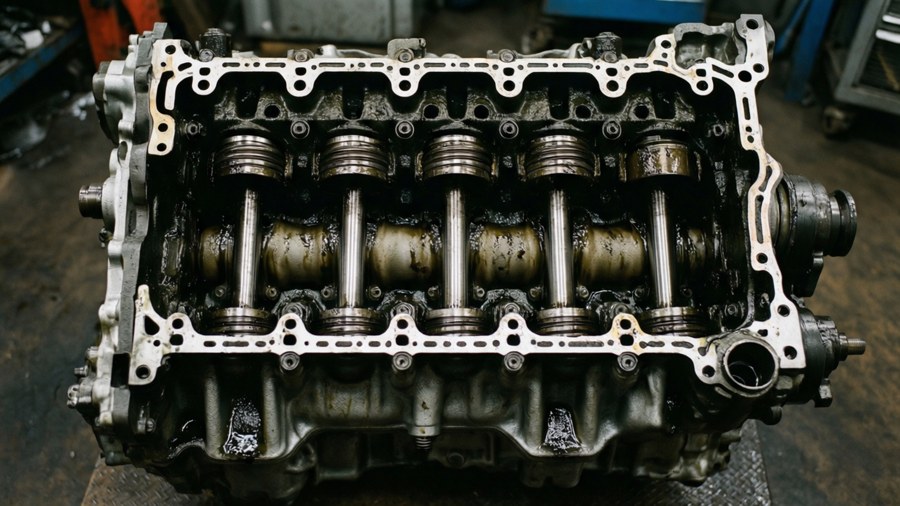 Top-down engine block with pistons, gritty industrial wallpaper.