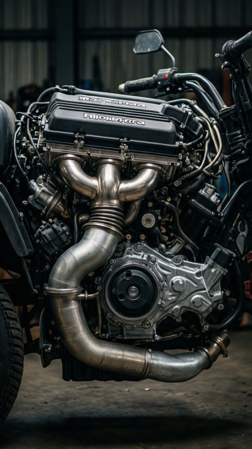 Close-up of Mahindra Mojo engine with dramatic lighting.