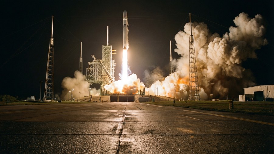 SpaceX rocket engine static fire test at night