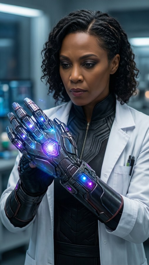 Shuri working on vibranium tech in her lab, intense focus.