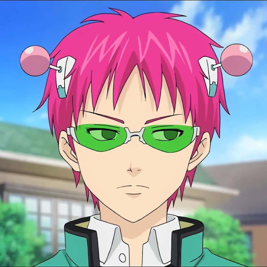 Anime-Charakter mit pinken Haaren und grünen Brillen