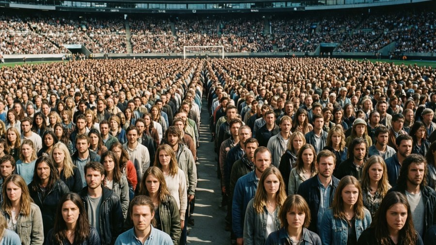 Crowd of same-sized people in stadium representing egalitarian society.