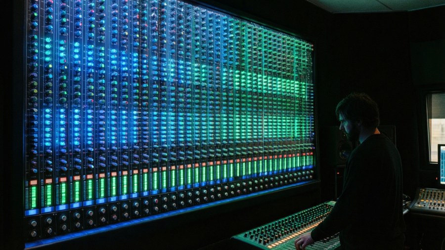 Stort equalizer-display med person, der justerer kontroller.