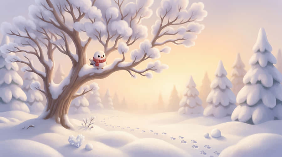 kawaii illustration,cute bird,red scarf,snow-covered tree,snowy pine forest,winter landscape,soft sunrise glow,paw prints,heart-shaped snow,snowballs,peaceful snowscape,children's art style,cozy winter scene,soft watercolor,magical winter,enchanted forest,glowing light,whimsical nature,cute creature,fluffy snow