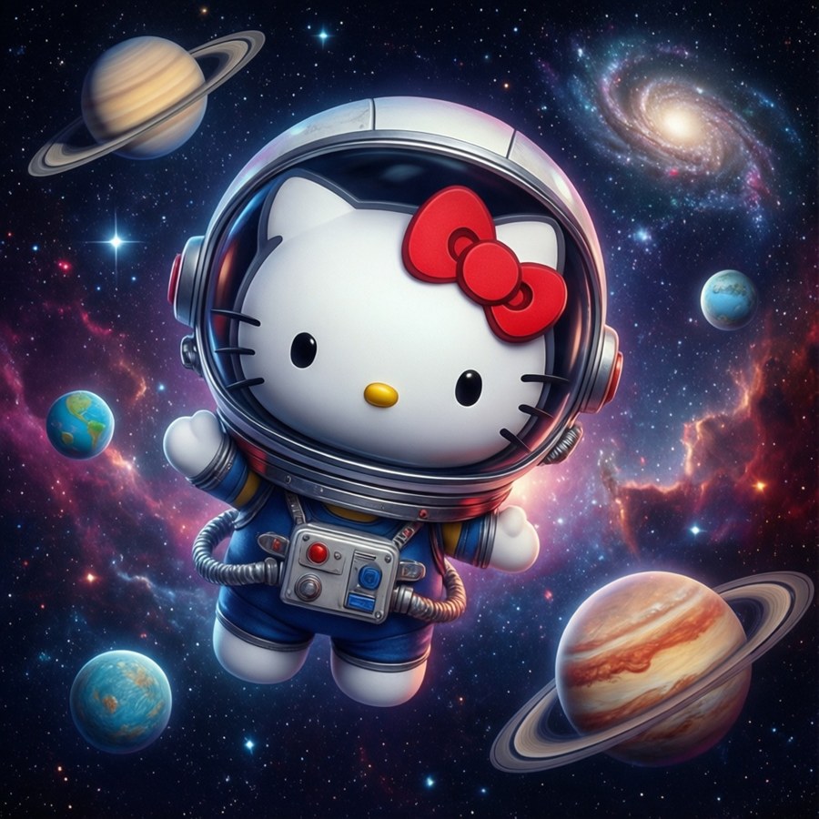 Hello Kitty explora el cosmos en un casco espacial.