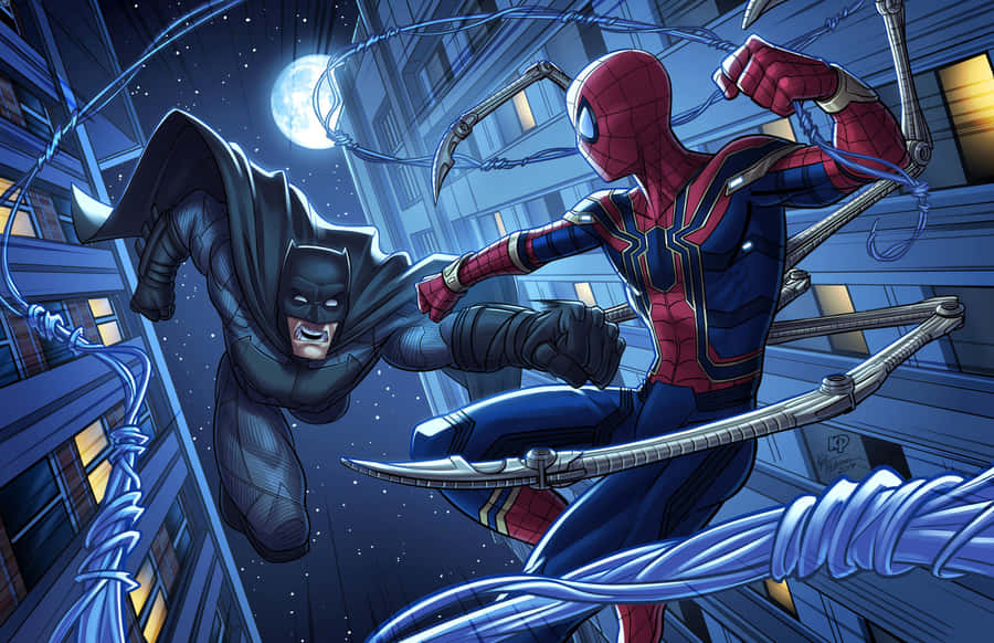 Encontro Noturno de Batman e Spiderman no Telhado