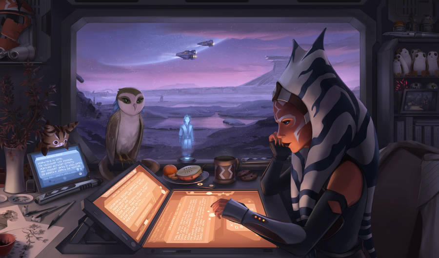 En Star Wars-karakter sidder ved hendes computer.