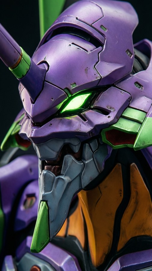 Intense close-up of Unit-01's face with glowing eye and metallic texture.