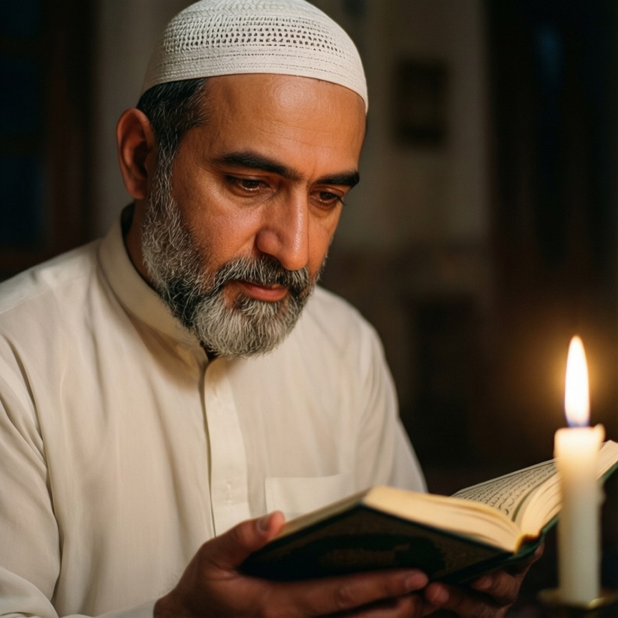 Een Turkse man die bij kaarslicht de Koran leest in een spiritueel moment.