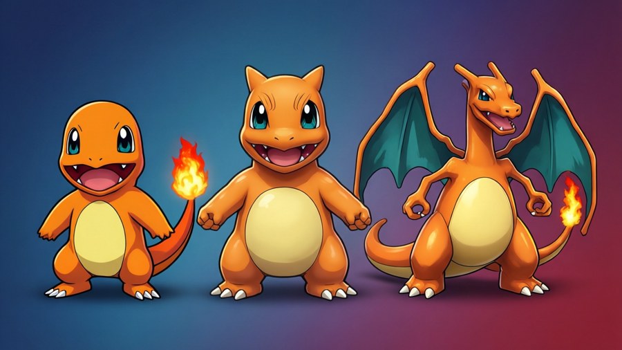The evolution chain of Charizard from Charmander to Charmeleon to Charizard.