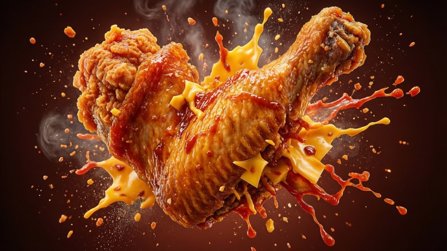 Dramatic 3D render of Wingstop wing splashing flavor