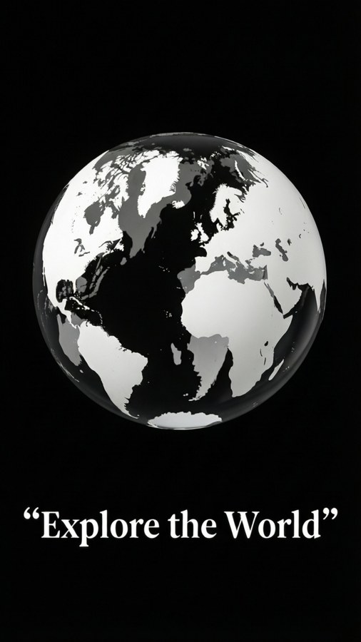 Un globo blanco minimalista con la cita 'Explora el Mundo' sobre fondo negro.