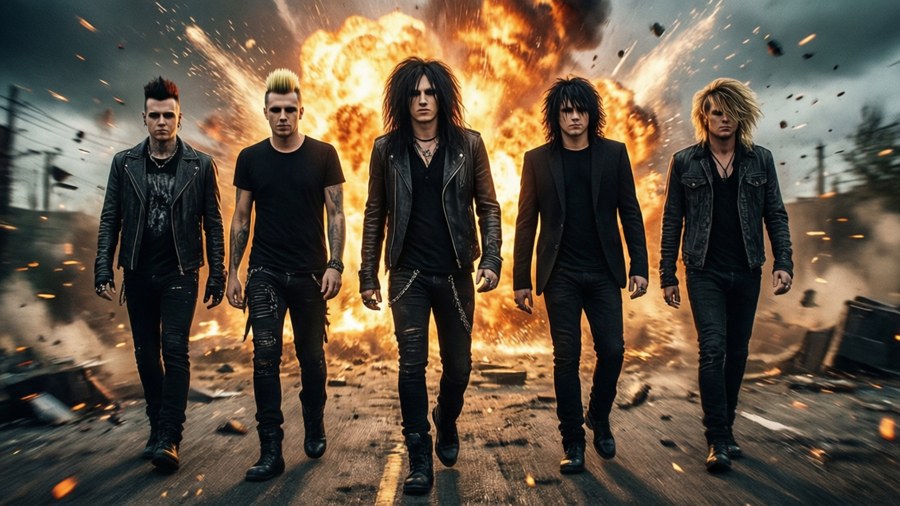 My Chemical Romance band members walking away from a fiery explosion in slow motion.