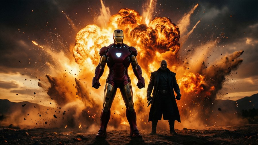 Silhouette battle with huge explosion background