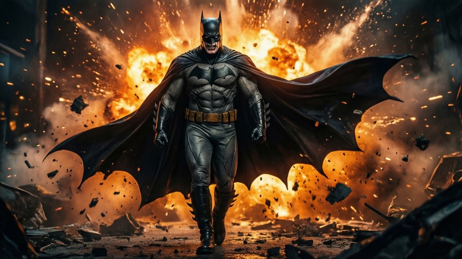 Batman Who Laughs walking away from explosion, cape billowing